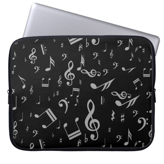 Silver Grey Musical Notes on Black Laptop Sleeve (Front)