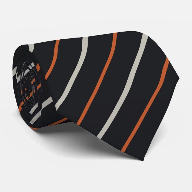 Silver Grey Navy Orange Red Stripe Pattern Tie (Rolled)