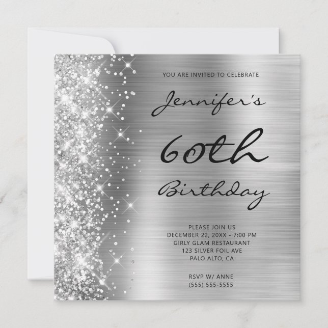 Silver Grey Ombre Foil Left Glitter 60th Birthday Invitation (Front)