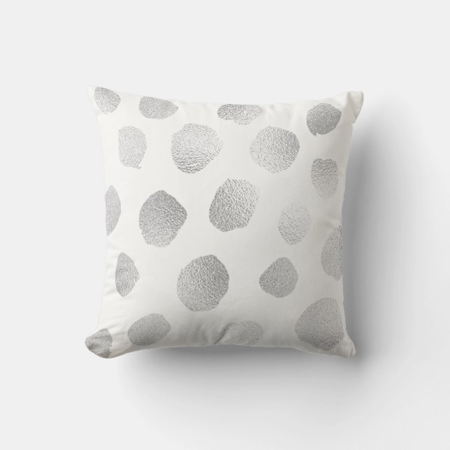 Silver Grey Painted Metallic Polka Dots White Cushion (Front)