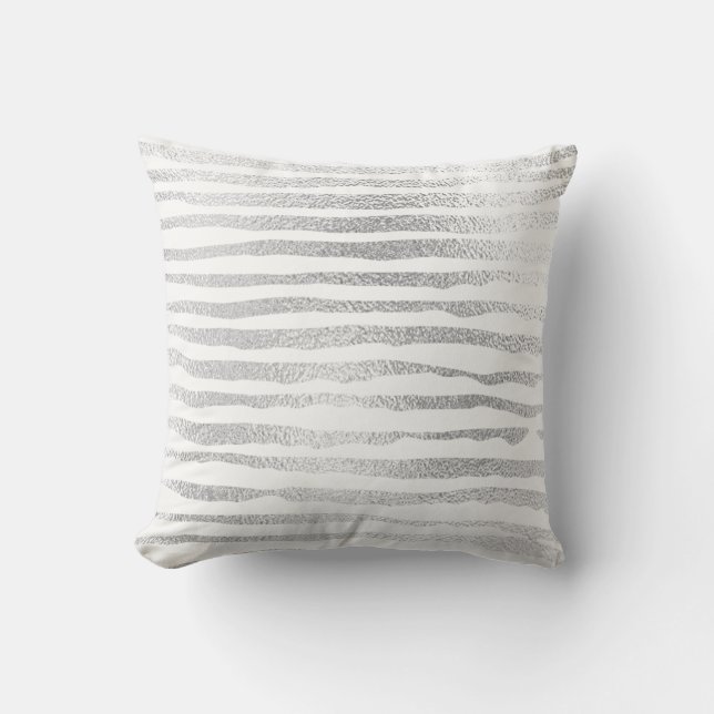 Silver Grey Painted Metallic Stripes Lines White Cushion (Front)
