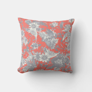 Silver Grey Passion Flowers on Coral Red Cushion