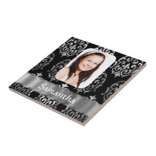 Silver grey personalised damask photo template ceramic tile