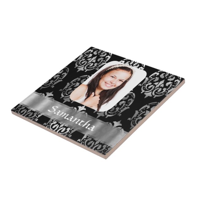 Silver grey personalised damask photo template ceramic tile (Side)