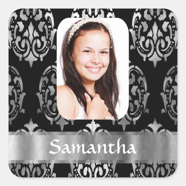 Silver grey personalised damask photo template square sticker (Front)