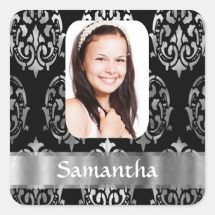 Silver grey personalised damask photo template square sticker