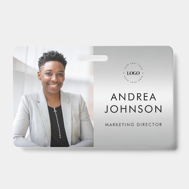 Silver Grey Photo ID Card with Custom Logo & Text Badge (Front)