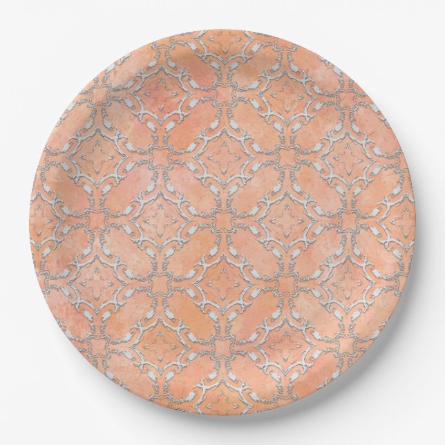 Silver Grey Pink Orange Metallic Filagree Pattern Paper Plate (Front)