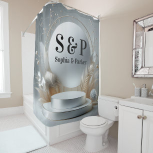 Silver Grey Podium Monogram Modern Script Wedding Shower Curtain