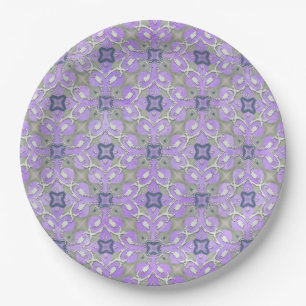 Silver Grey Purple Blue Metallic Filigree Pattern Paper Plate