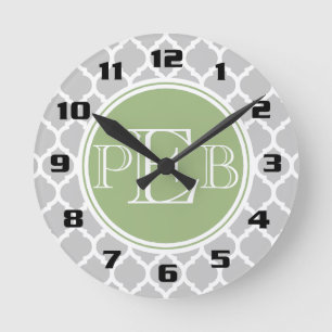 Silver Grey Quatrefoil Sage Green Monogram Round Clock
