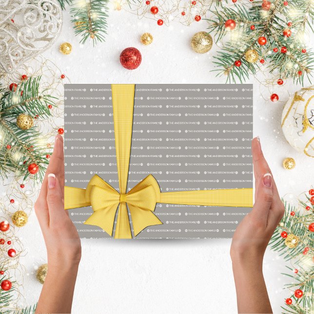 Silver Grey Repeating Name Pattern Christmas Gift Wrapping Paper Sheet (Elegant Silver and White Personalized Name Repeating Pattern Snowman Christmas Gift Wrapper)