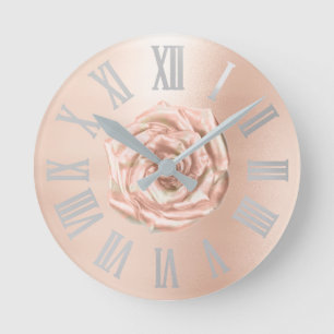 Silver Grey Rose Gold Copper Metallic Roman Numers Round Clock