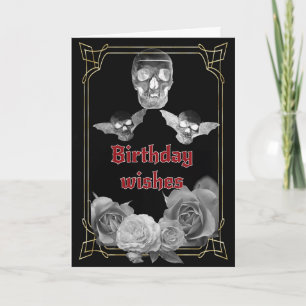 Silver grey roses and skulls birthday card