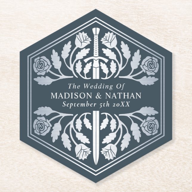Silver Grey Royal Mediaeval Sword Wedding Paper Coaster (Front)