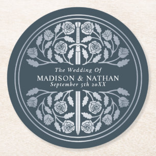 Silver Grey Royal Mediaeval Sword Wedding Round Paper Coaster