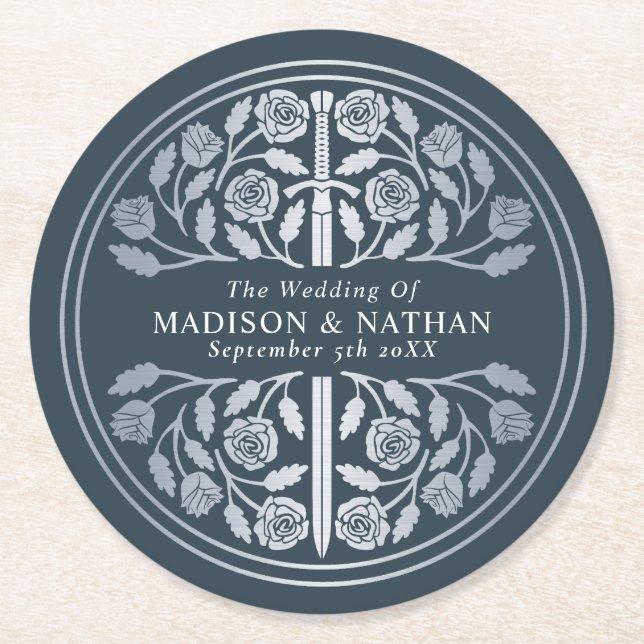 Silver Grey Royal Mediaeval Sword Wedding Round Paper Coaster (Front)