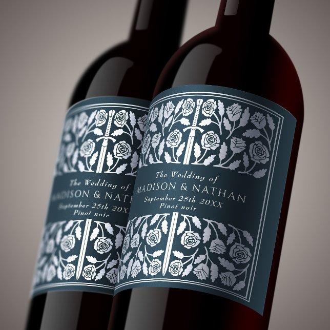 Silver Grey Royal Mediaeval Sword Wedding Wine Label (Creator Uploaded)