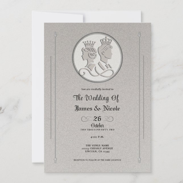 Silver Grey Royal Storybook King Queen Wedding Invitation (Front)