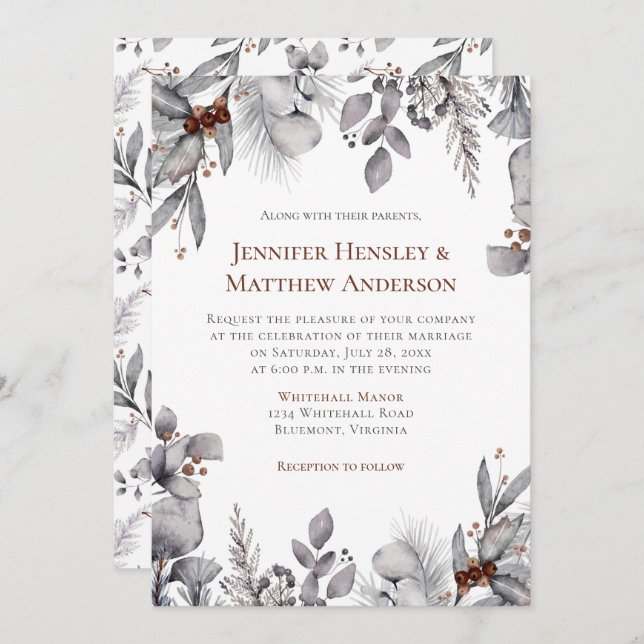 Silver, Grey, Rusty Brown Frame Winter Wedding Invitation (Front/Back)