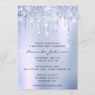 Silver Grey Smoky Blu Glitter Effect Drip Birthday Invitation