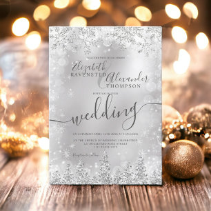 Silver grey snow pine Christmas winter wedding Invitation