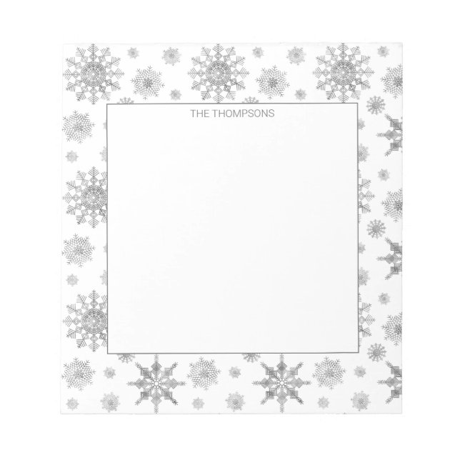 Silver Grey Snowflakes Pattern & Custom Text Notepad (Front)