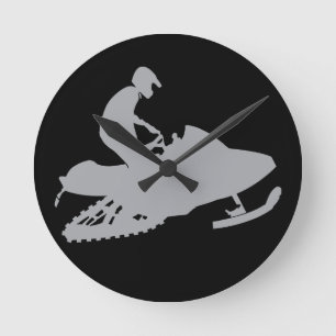 Silver Grey Snowmobiler Round Clock