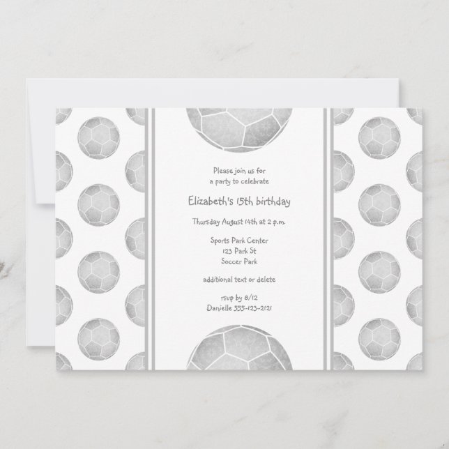 silver grey soccer balls pattern sports party invitation (Front)
