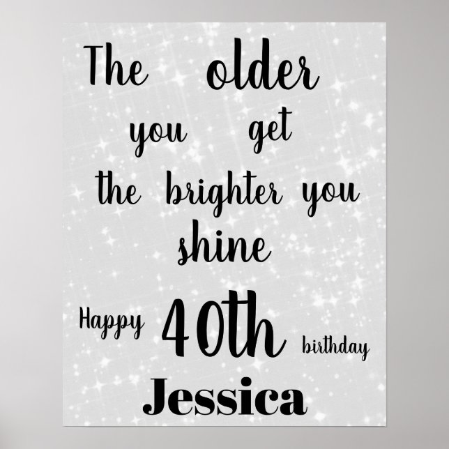 Silver Grey sparkle 40th Birthday Name Poster (Front)
