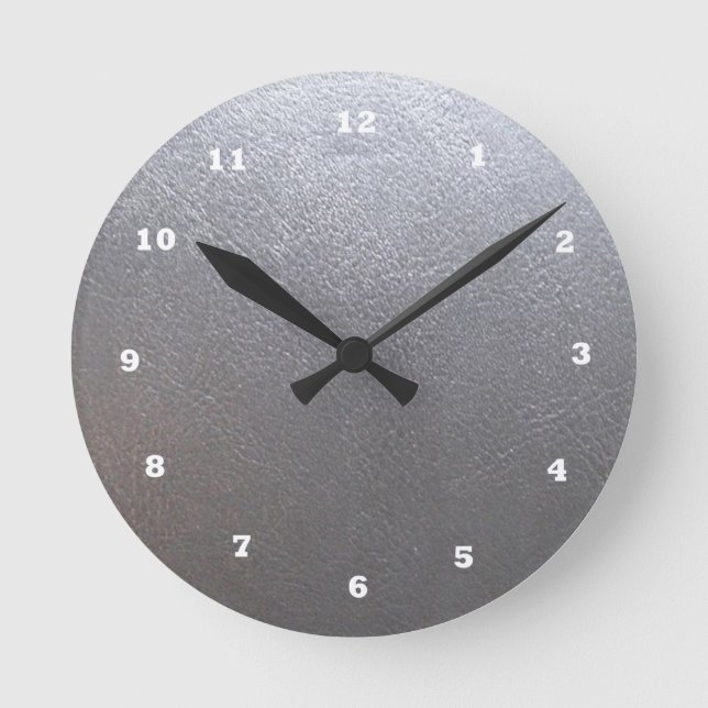SILVER Grey Sparkle : Leather Look Finish Round Clock (Front)