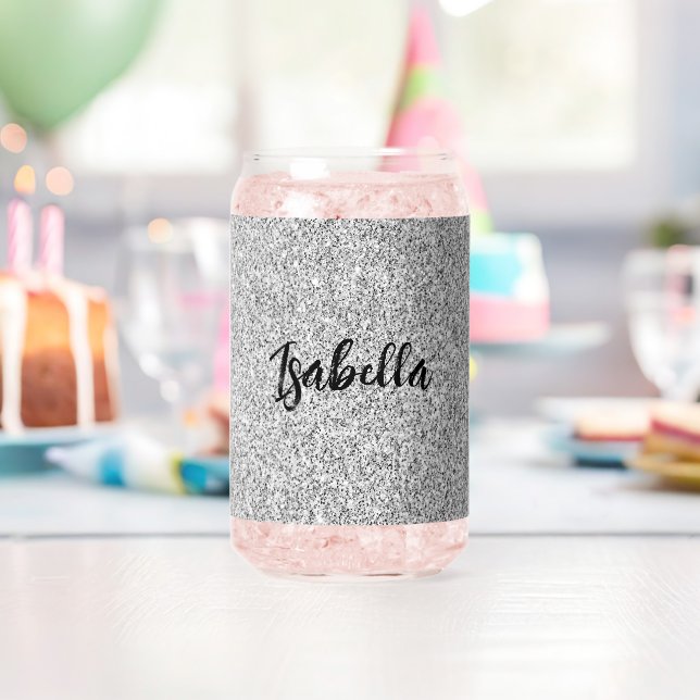 Silver grey sparkles girly bling Custom Name Can Glass (Insitu (Birthday))