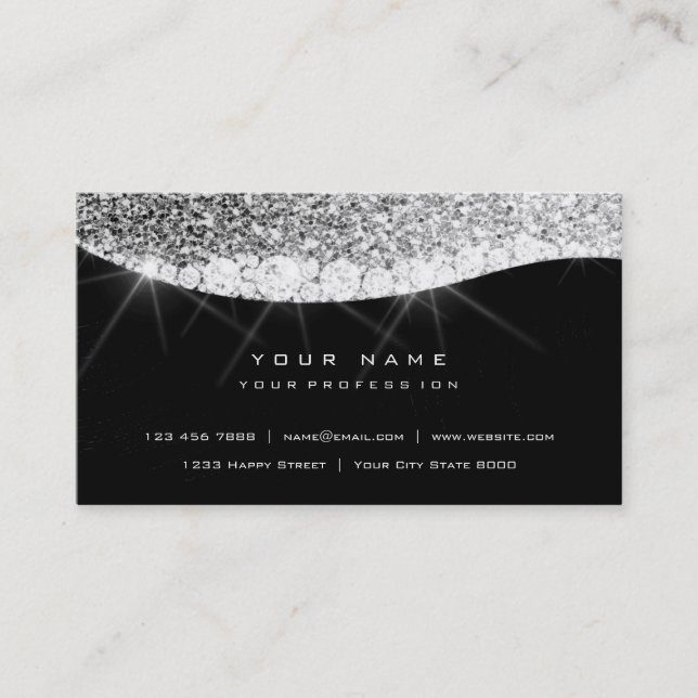 Silver Grey Sparkly Diamond Glitter Glam Black Business Card (Front)