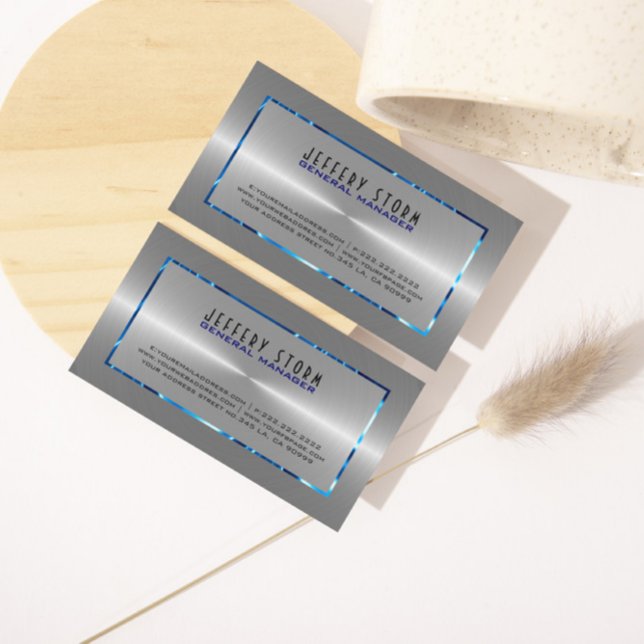 Silver Grey Stainless Steel Look Blue Accents Business Card (Creator Uploaded)