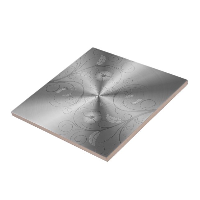 Silver Grey Stainless Steel With Floral Design Ceramic Tile (Side)