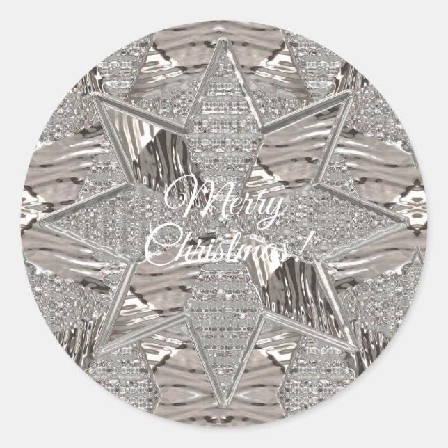 Silver Grey Star Merry Christmas or Your Text Chic Classic Round Sticker (Front)