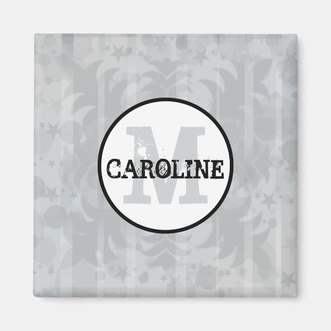Silver Grey Stars Modern Monogram Damask Stars  Magnet (Front)