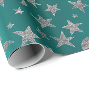 Silver Grey Stars Moon Sky Metallic Greenly Teal Wrapping Paper