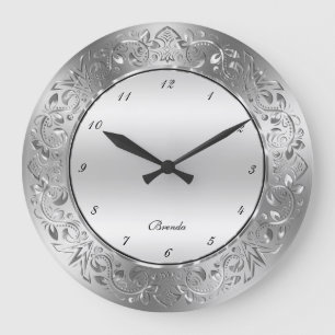 Silver-grey swirly floral frame large clock