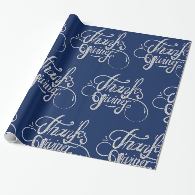 Silver Grey Text Design- Thanksgiving Wrapping Paper (Unrolled)