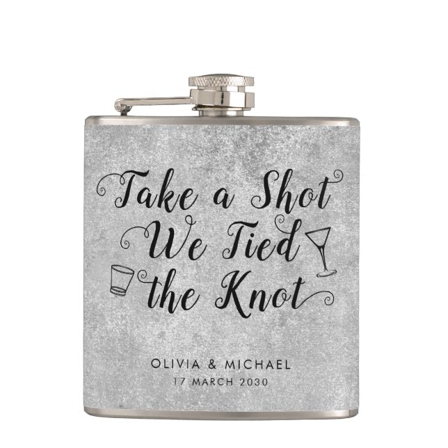 Silver Grey Tied the Knot Take Shot Wedding Favour Hip Flask (Front)
