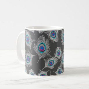 Silver Grey & Turquoise Peacock Feather Coffee Mug