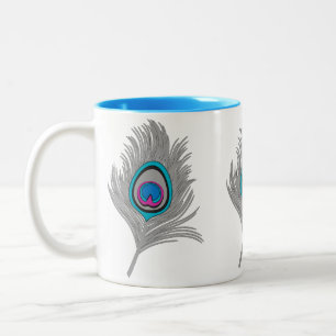 Silver Grey & Turquoise Peacock Feather Two-Tone Coffee Mug