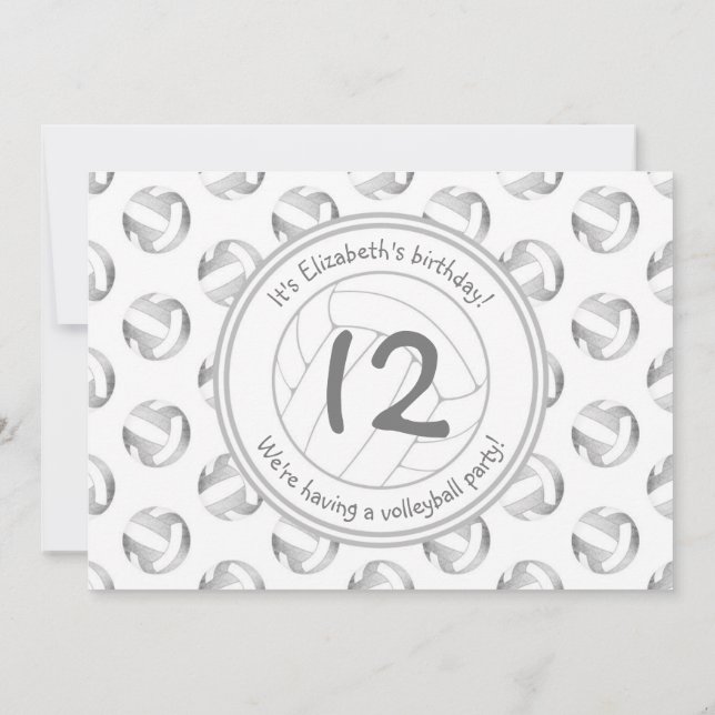 silver grey volleyballs pattern girls birthday invitation (Back)
