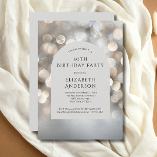 Silver Grey Watercolor Bokeh Arch 50th Birthday Invitation