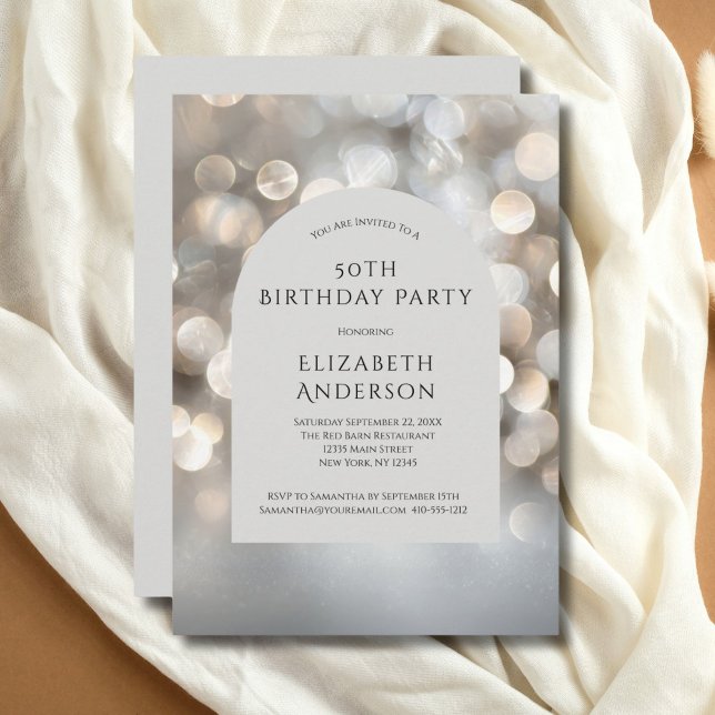 Silver Grey Watercolor Bokeh Arch 50th Birthday Invitation (Silver Gray Bokeh Arch Watercolor 50th Birthday invitation for him or her. Printed or Digital)