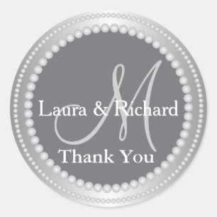 Silver Grey Wedding Favour Thank You Monogram Classic Round Sticker