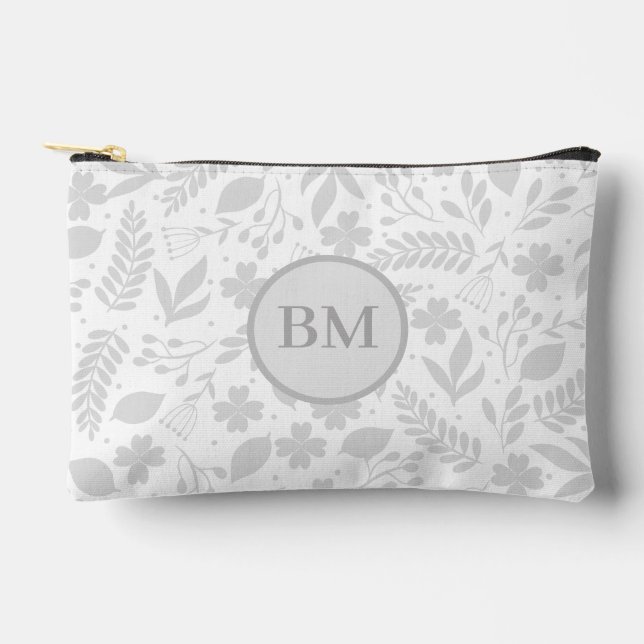 Silver Grey & White Boho Leaves Monogram  Accessory Pouch (Front)