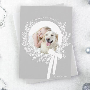 Silver Grey & White Christmas Wreath Minimal Photo Holiday Card