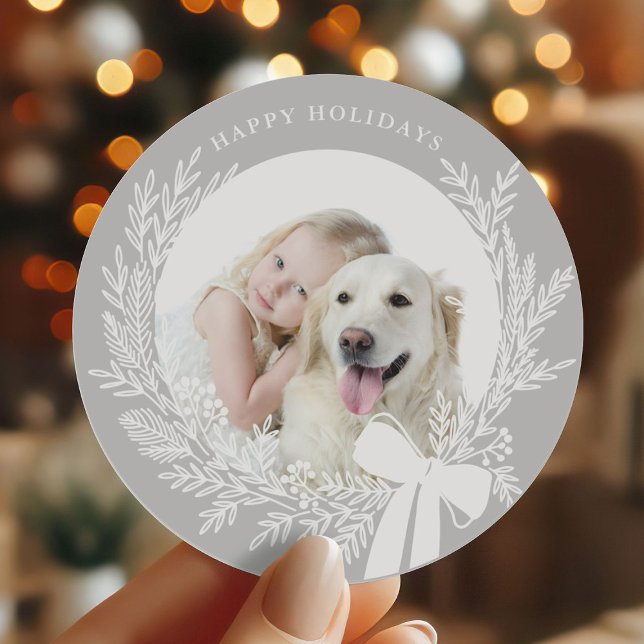 Silver Grey & White Christmas Wreath Photo Classic Round Sticker (Creator Uploaded)